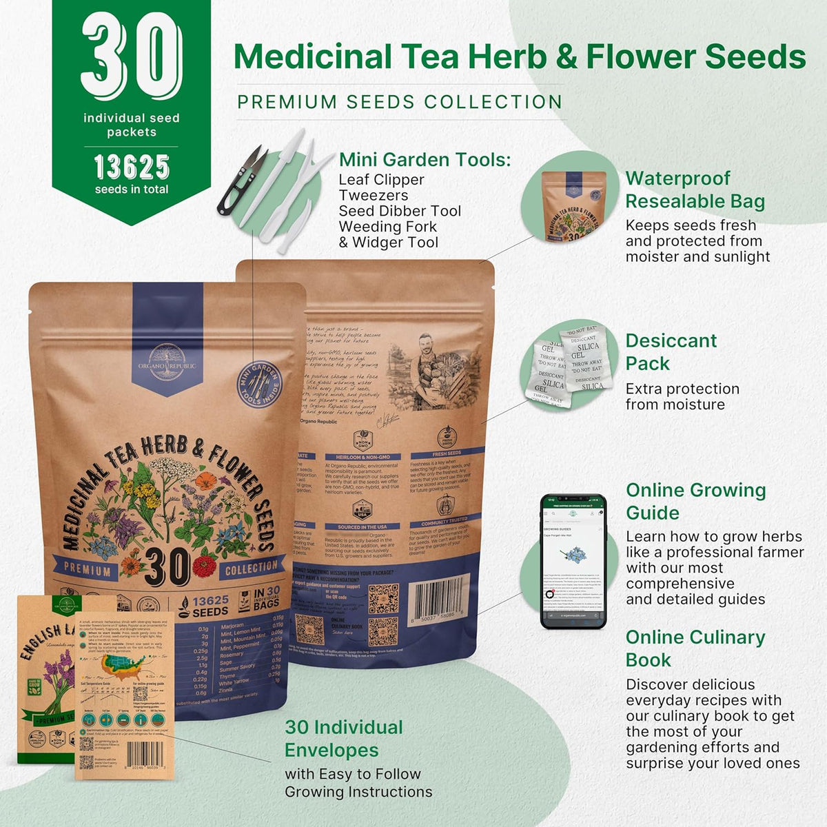 Organo Republic 30 Medicinal Tea Herb & Flower Seeds Variety Pack - 13600+ Non-GMO Heirloom Flower