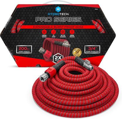 HydroTech 200 ft Expandable Garden Hose - Pro Series, 2x Max Flow, 3/4" No-Kink Flexibility