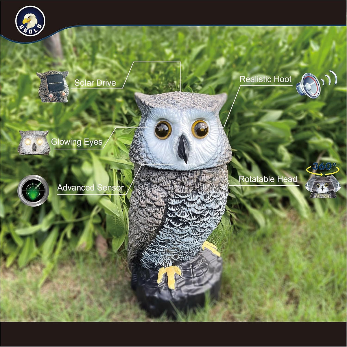 Solar Powered Garden Owl with Motion Detection, Rotating Head, Realistic Hoots and Silent Mode