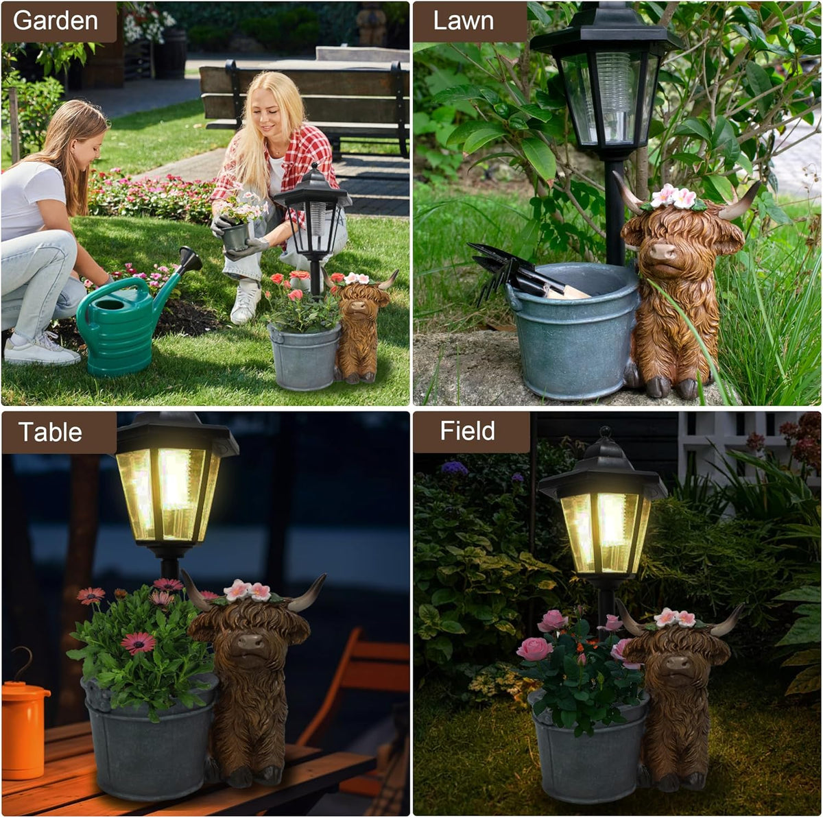 Highland Cow Statues Outdoor Solar Sculptures with Solar Lights and Flowerpot Funny Garden Decor