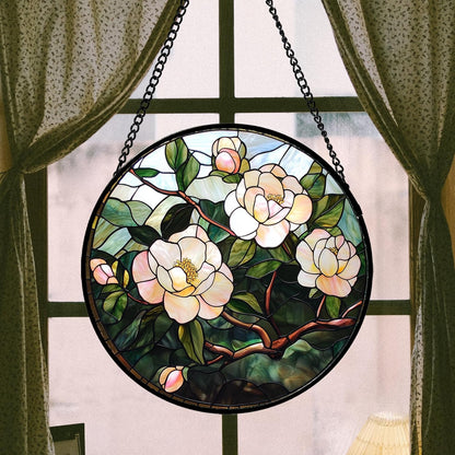 Stained Glass Suncatcher, Light Pink Flowers Green Leaf Sun Catcher Plant Stain Glass Window