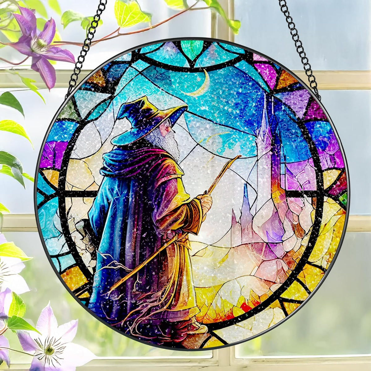 Stained Glass Window Hanging, LAOWEIKI 8'' Witch Suncatcher, Stained Glass Ornament, Suncatchers