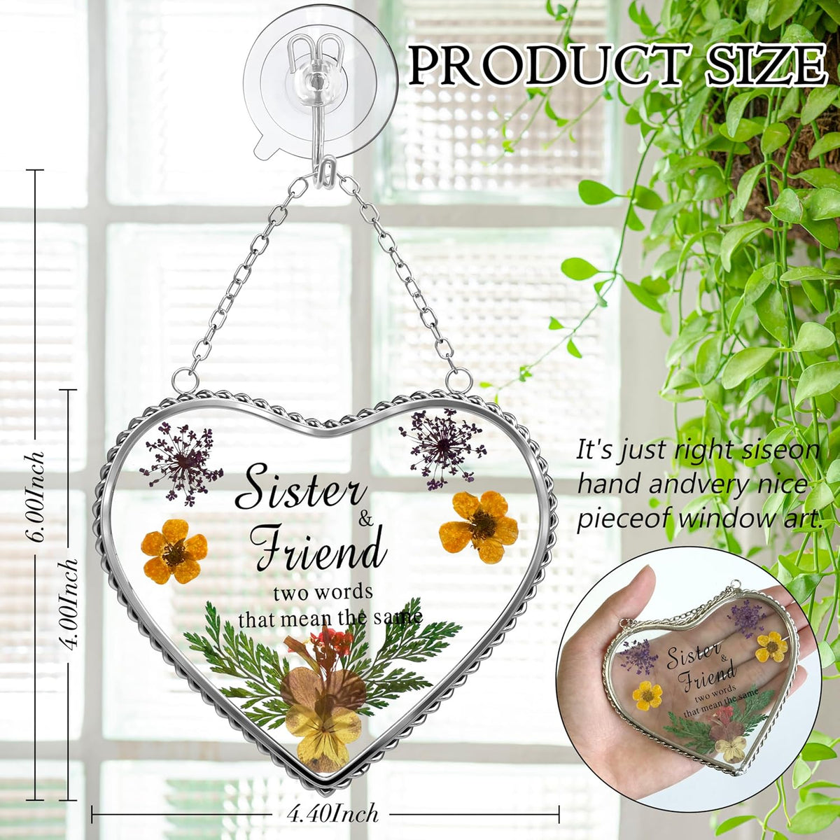 KY&BOSAM Stained Glass Sister Heart Suncatcher Window Hanging Decor with Pressed Real Flower for