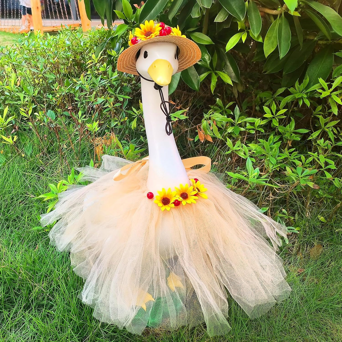 Large White Goose Statues Cygnus, Cute Big Bird Decor Garden Sculpture with Sunflower Outfits and