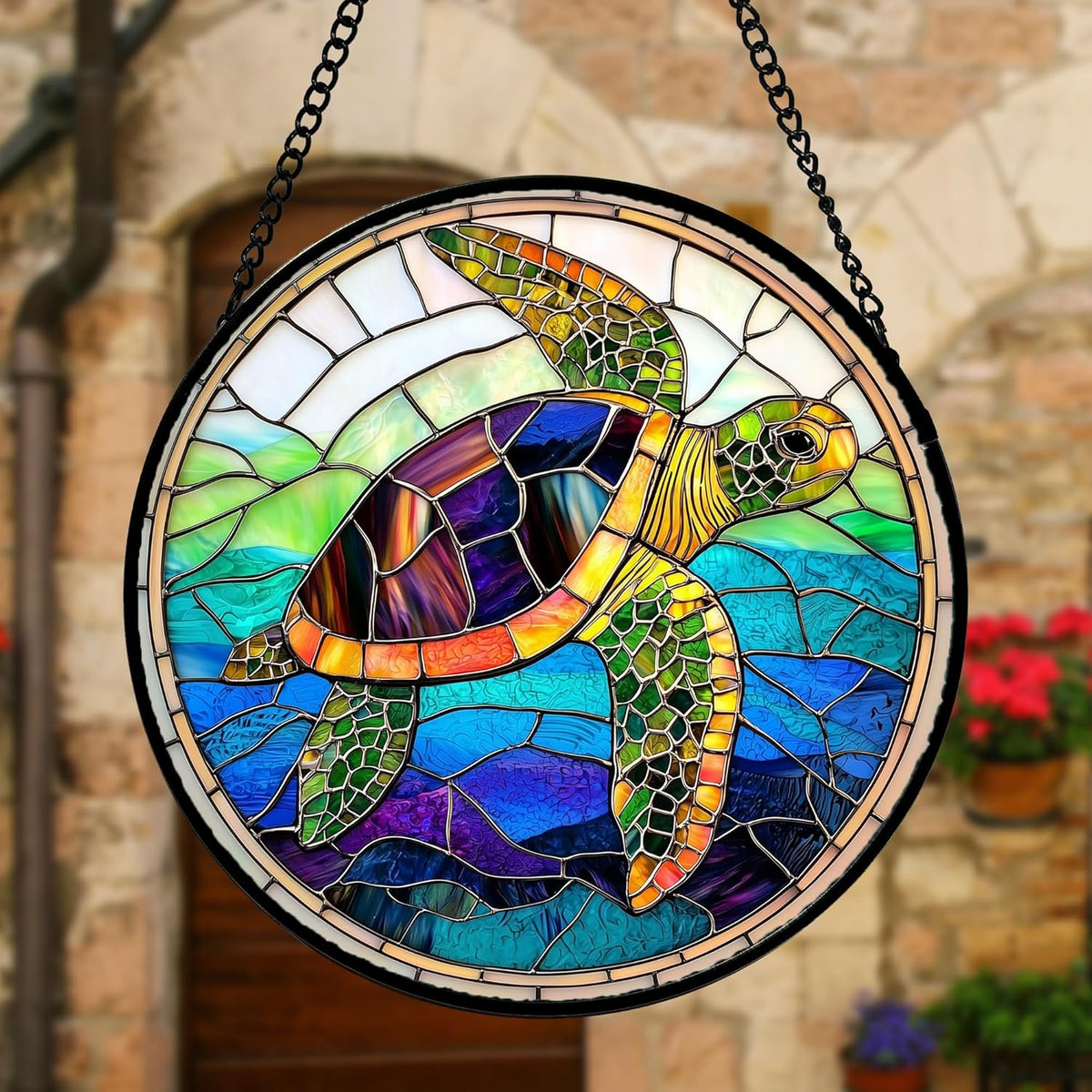 Stained Glass Window Hanging, Colored Turtle Ocean Suncatcher Diamond Glass Panel Hangings Marine