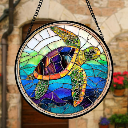 Stained Glass Window Hanging, Colored Turtle Ocean Suncatcher Diamond Glass Panel Hangings Marine