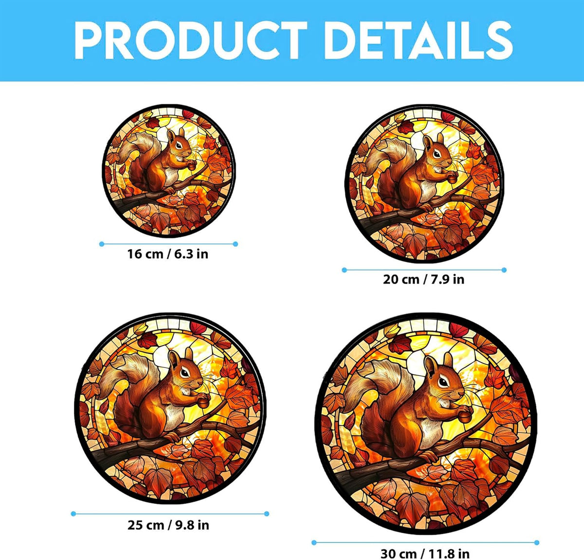 Squirrel Stained Glass Window Hanging 12” Round Handicraft Blue Flower Glass Panel Farmhouse Style