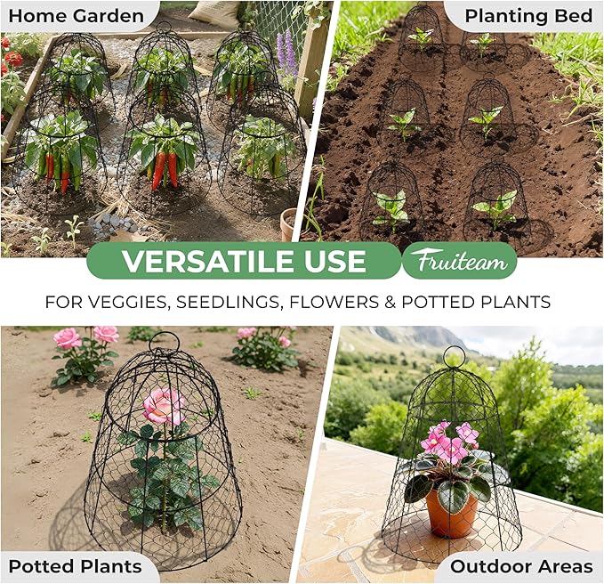 FRUITEAM Metal Plant Covers 6pcs, Heavy Duty Garden Cloche Plant Cage for Outdoor, 13"x15.8"H