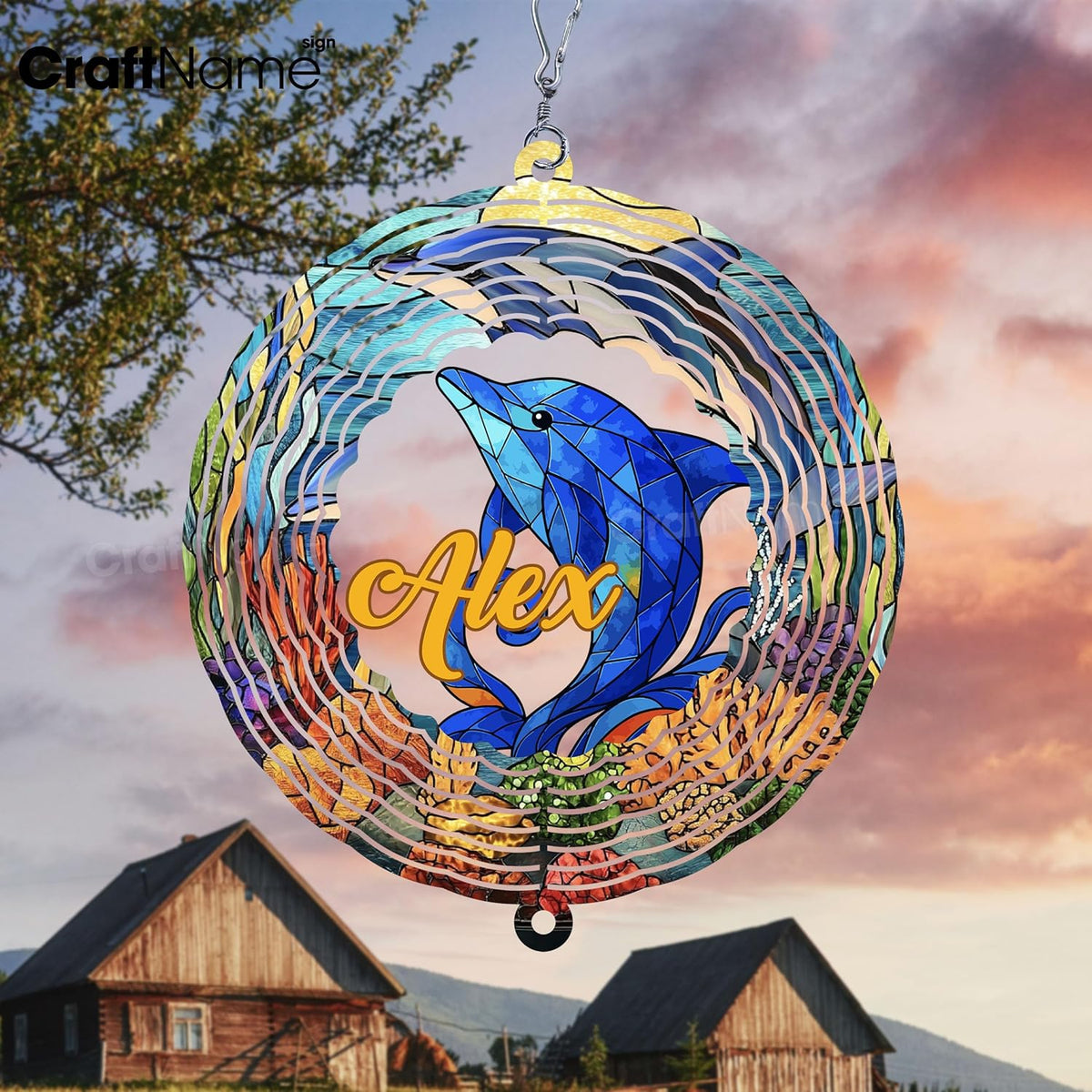 Personalized Dolphin Wind Spinner 3D Stainless Steel, Dolphin Garden Spinner Hanging Outdoor Decor
