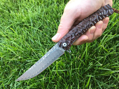 TACTICAL GEARZ Damascus Pocket Knife - EDC Folding Knife with Rosewood Handle - 67 Layer Damascus
