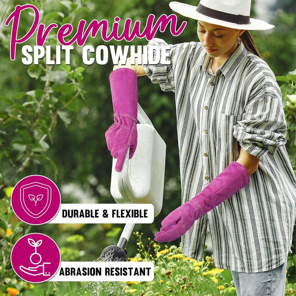 HANDLANDY Ladies Leather Gardening Gloves, Thorn Proof Women Rose Pruning Garden Yard Glove, Heavy