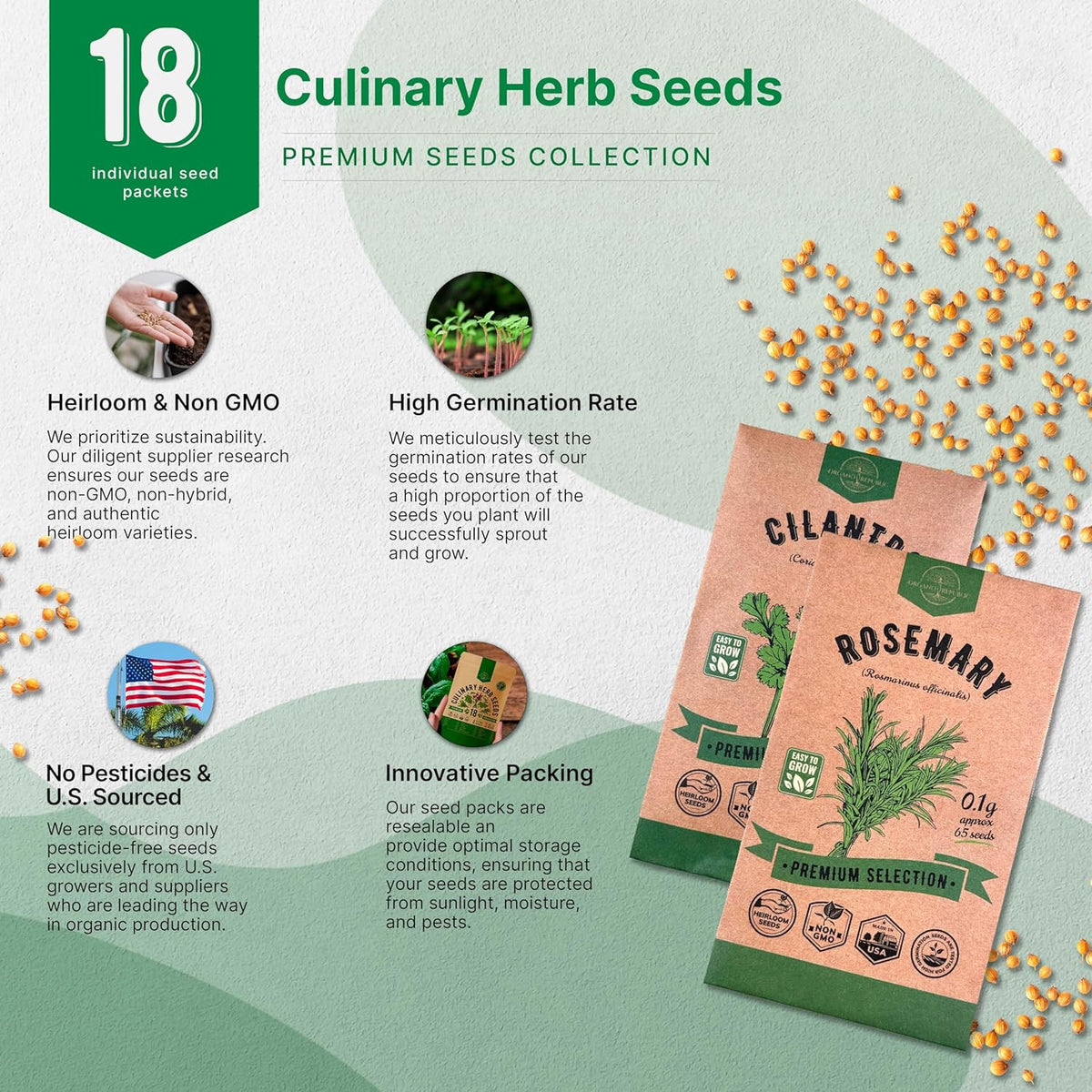Organo Republic 18 Culinary Herbs Seeds Variety Pack - 10,180+ Heirloom, Non-GMO, Herbs Seeds for