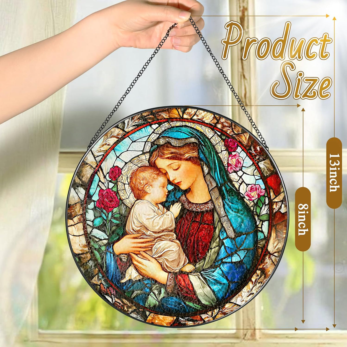 8 Inch Virgin Mary Stained Glass Suncatcher, Stained Glass Window Hanging, Christian Window Hanging