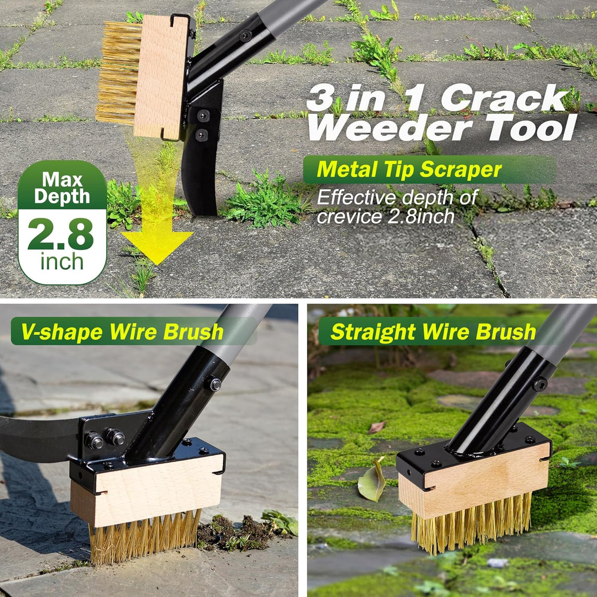 Walensee 3-in-1 Crack Weeder & Moss Remover Brush with 66.5-Inch Adjustable Handle, Weed Puller