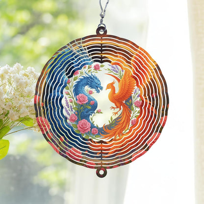 Personalized Dragon & Phoenix Wind Spinner 3D Stainless Steel, Dragon Garden Spinner Hanging