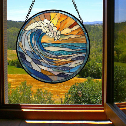 Stained Glass Window Hanging, Orange Clouds Blue White Sea Waves Landscape Suncatcher for Doors