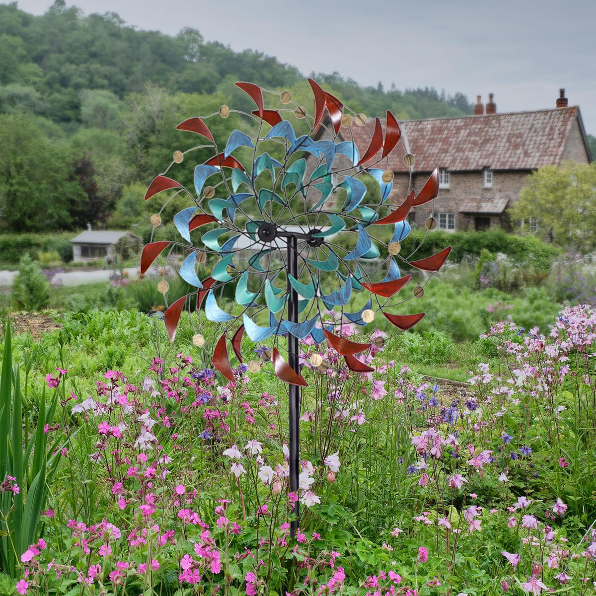 Sunnydaze Rainbow Breezes Metal Garden Wind Spinner - Removable Pole Sections for Adjustable Height