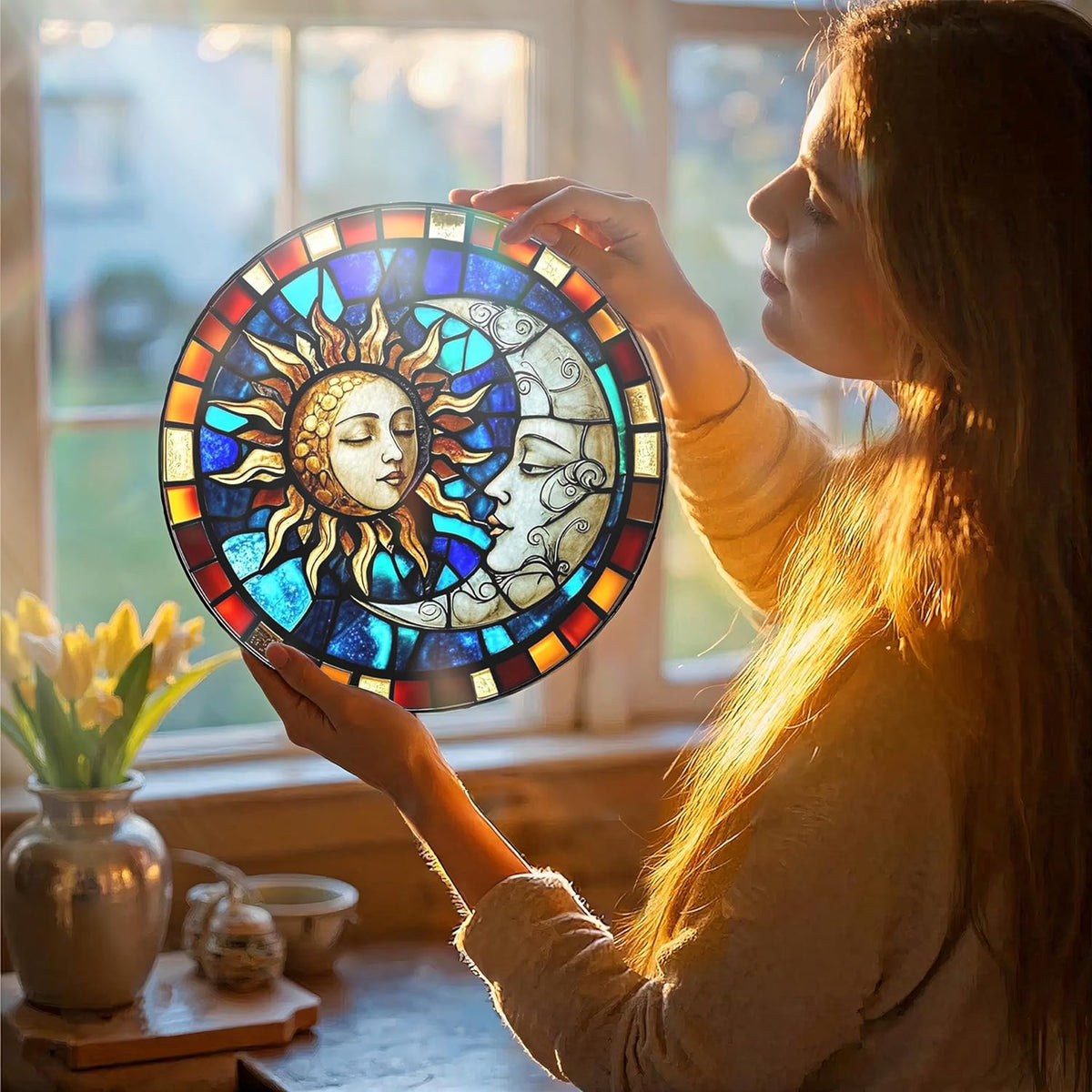 Sun and Moon Decorative Stained Glass Sun Catcher - Handcrafted 7.87 Inch Celestial Decoration