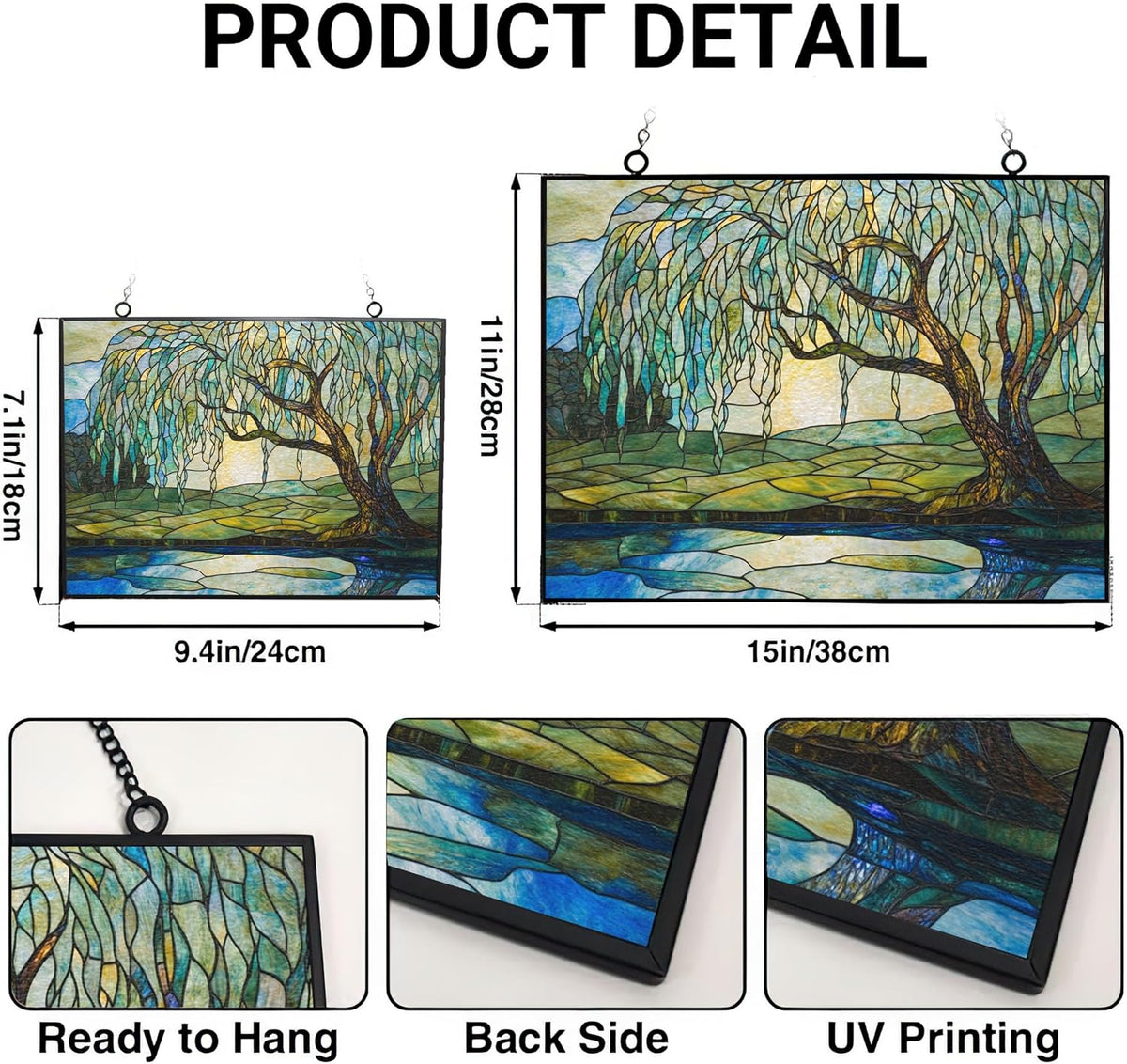 Customized Rectangle Art Nouveau Willow Pond Tree Stained Glass Window Hanging Sun Catcher