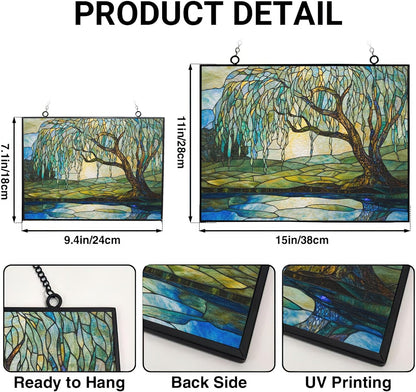 Customized Rectangle Art Nouveau Willow Pond Tree Stained Glass Window Hanging Sun Catcher
