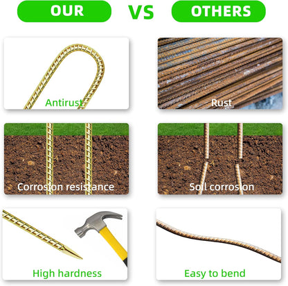 22 Pack 12 Inch Rebar Stakes Anti-Rust Galvanized Steel U Shape Hook Strong Ground Anchors for
