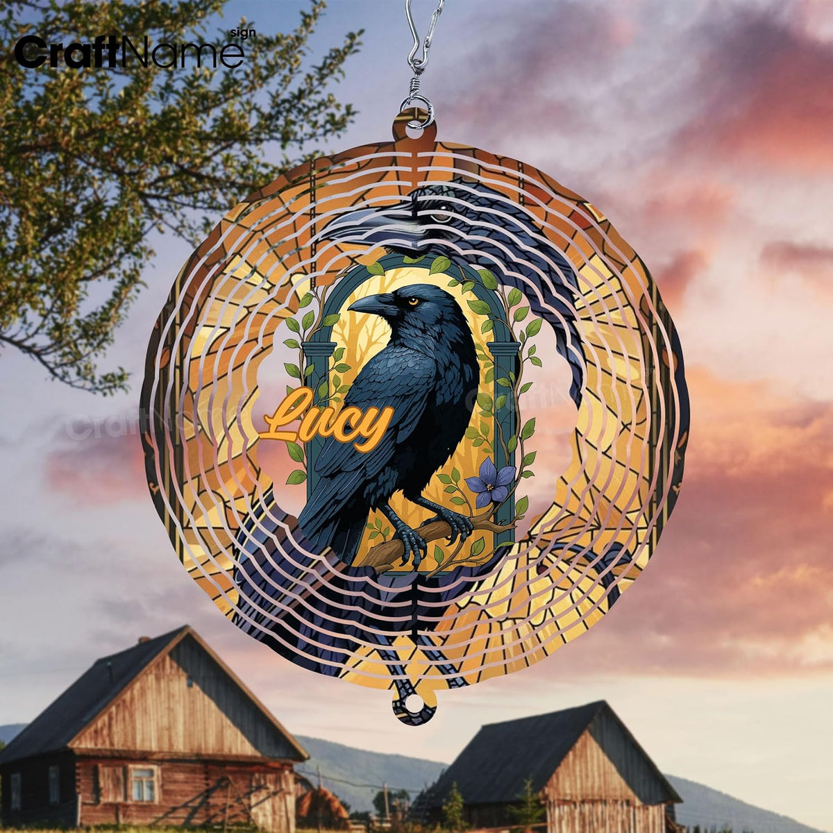 Personalized Raven Wind Spinner 3D Stainless Steel, Raven Garden Spinner Hanging Outdoor Decor