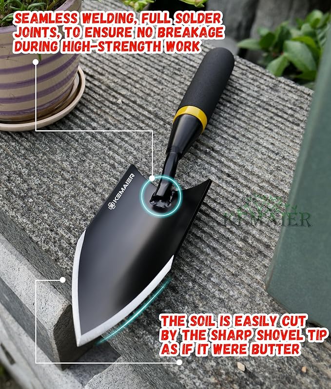 Heavy Duty Gardening Hand Trowel - Carbon Steel Garden Trowel with Rubberized Handle, Ideal for