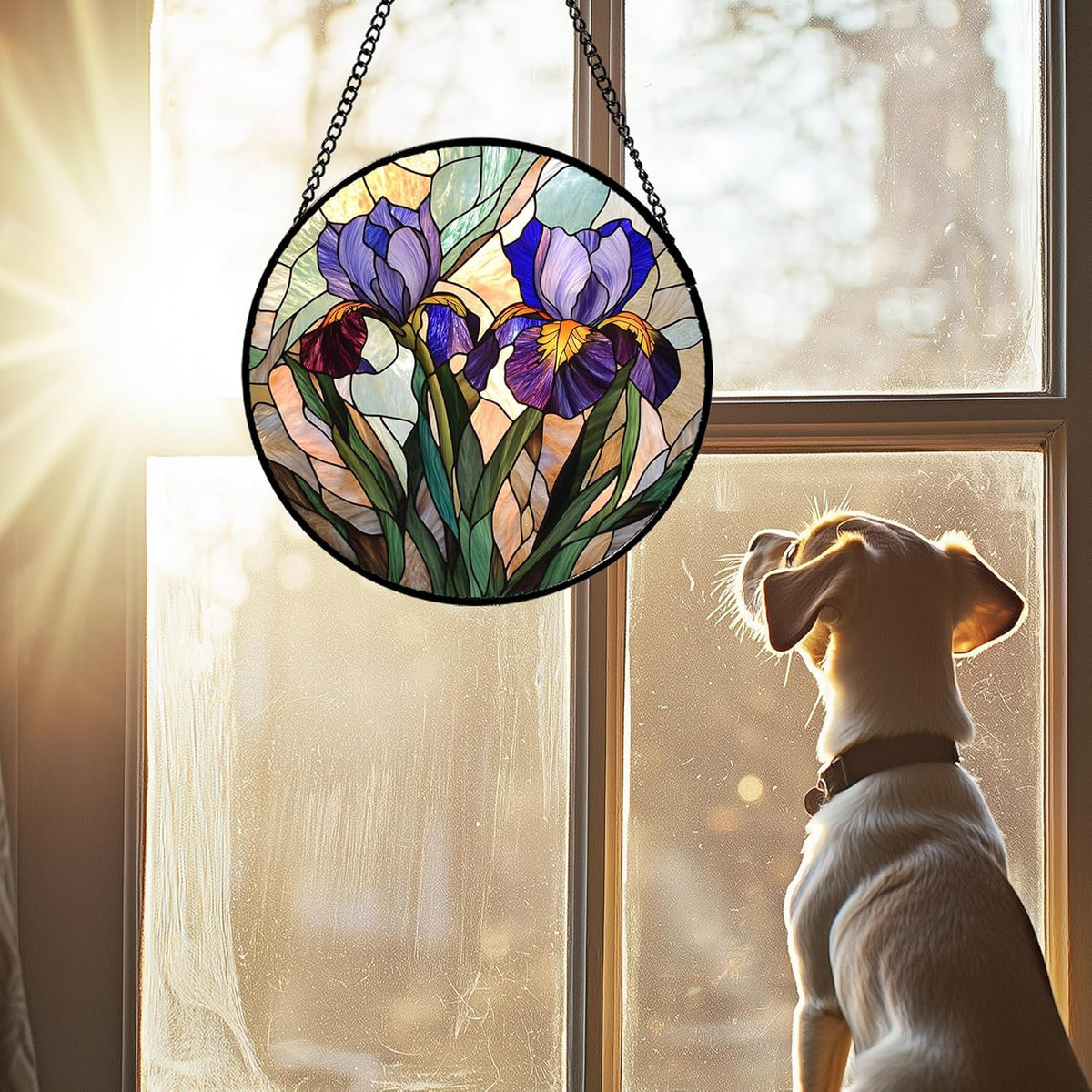 Stained Glass Window Hanging, Purple Blue Iris Birth Flower Suncatcher for Doors Garden Yard Sun