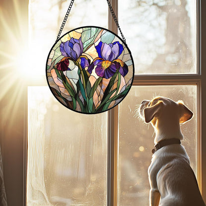 Stained Glass Window Hanging, Purple Blue Iris Birth Flower Suncatcher for Doors Garden Yard Sun
