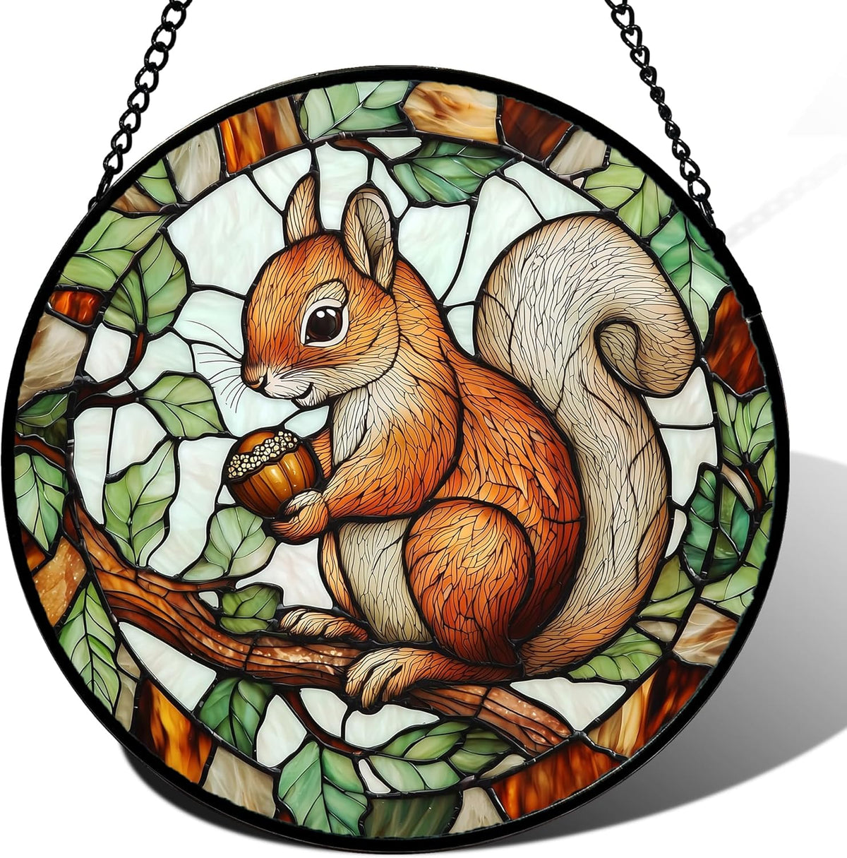 Stained Glass Window Hanging, Squirrel on a Branch Suncatcher Diamond Glass Panel Animal Sun