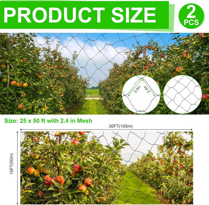 Windyun 2 Pcs Bird Netting 50' x 100' Bird Net Chicken Coop 2.4" Mesh Heavy Duty Deer Fence Aviary