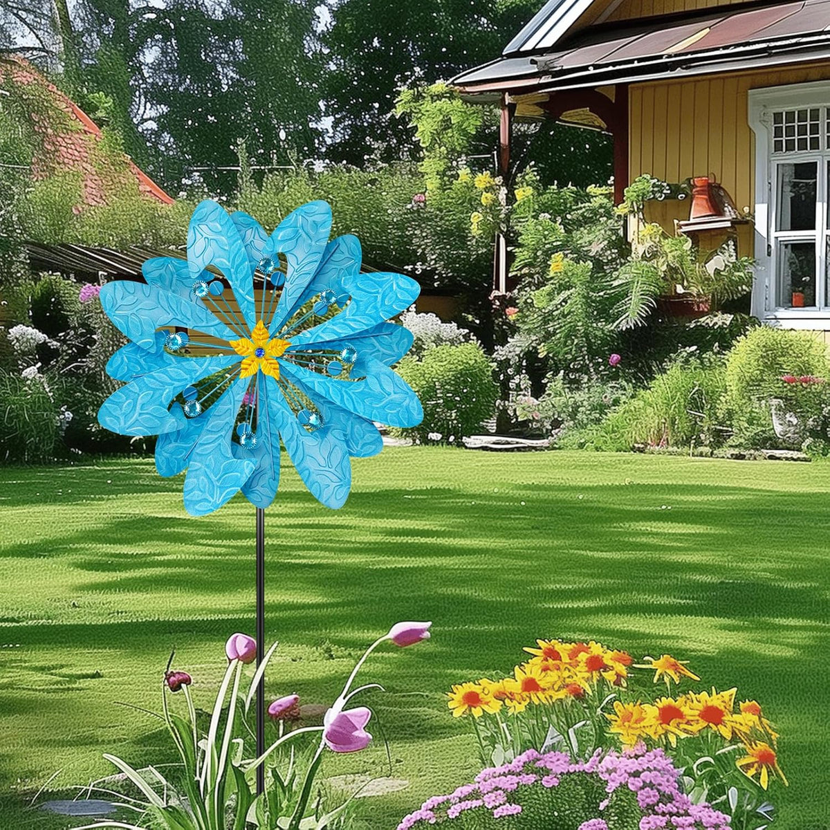 Solar Wind Spinner Retro Spinner, Waterproof Outdoor Metal Wind Sculpture for Patio, Lawn & Garden