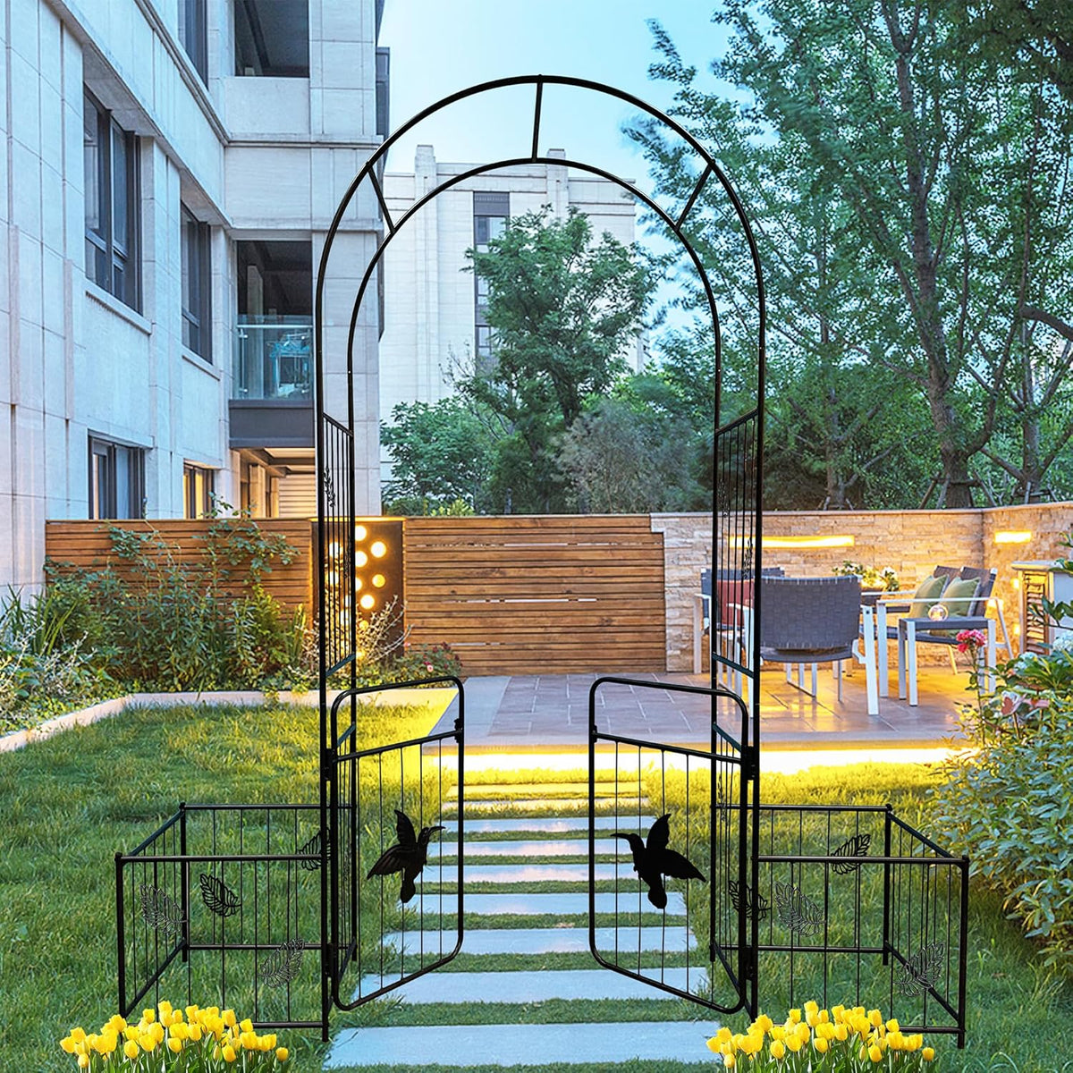 Metal Garden Arbor Arch with Gate and Plant Box, 86.6" H Garden Trellis Wedding Arch Party