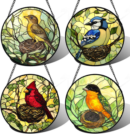 Stained Glass Window Hanging 4 Pcs Set Bird Theme On Branch Large 15" - Cardinal Suncatcher Door