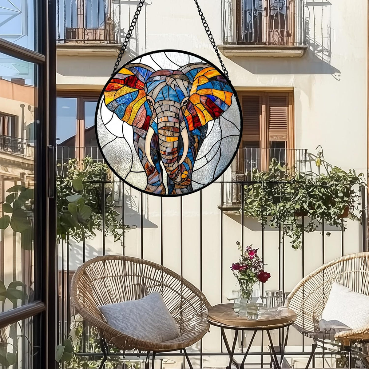 Stained Glass Window Hanging, Colorful Elephant Sun Catcher for Door Home Decor Animal Suncatcher