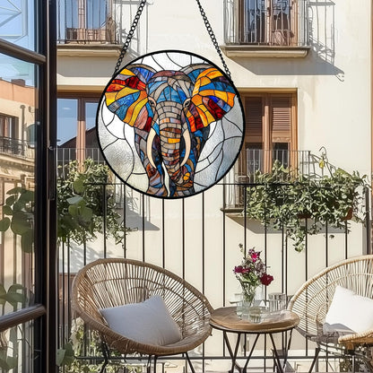 Stained Glass Window Hanging, Colorful Elephant Sun Catcher for Door Home Decor Animal Suncatcher
