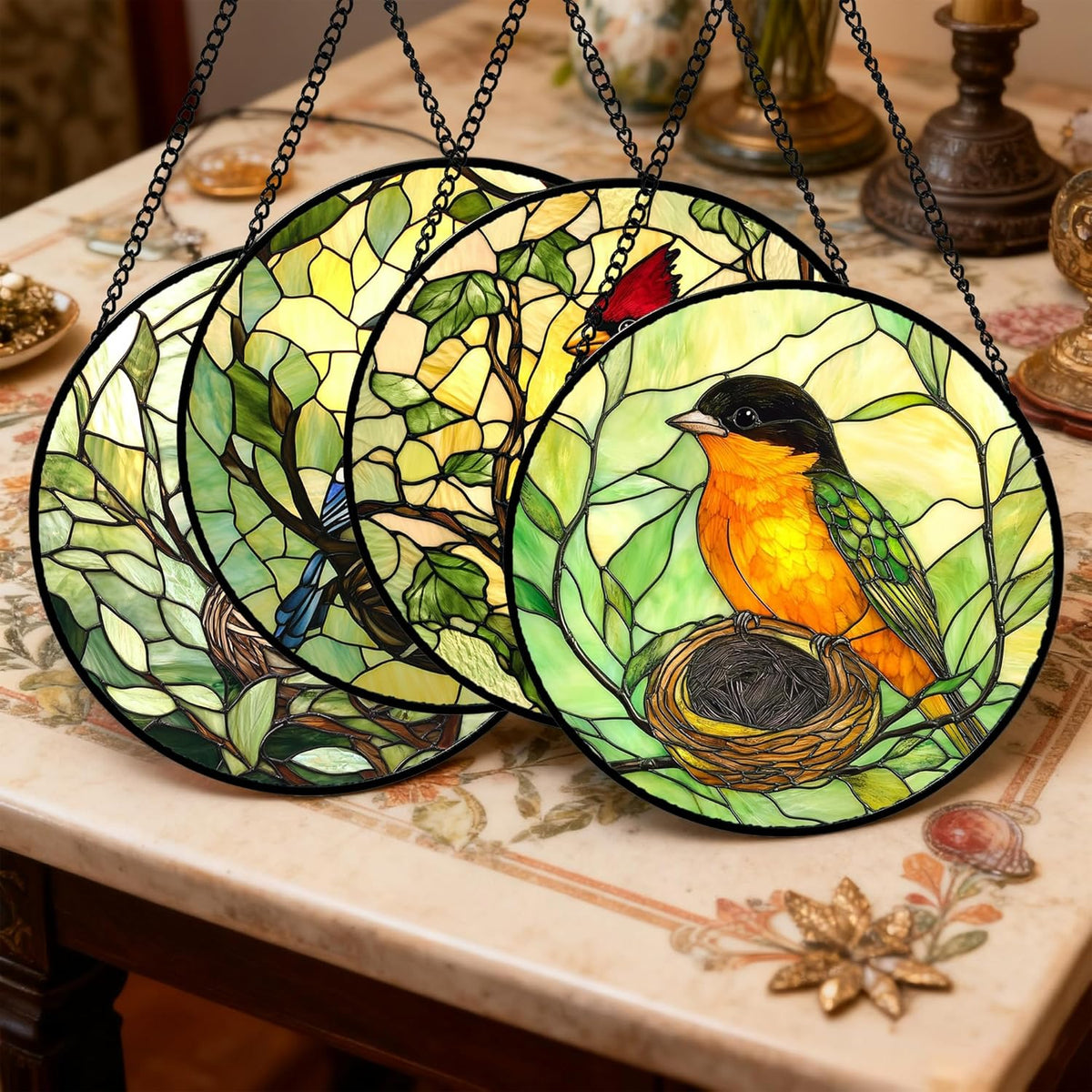 Stained Glass Window Hanging 4 Pcs Set Bird Theme On Branch 9.8" - Cardinal Suncatcher Door Garden