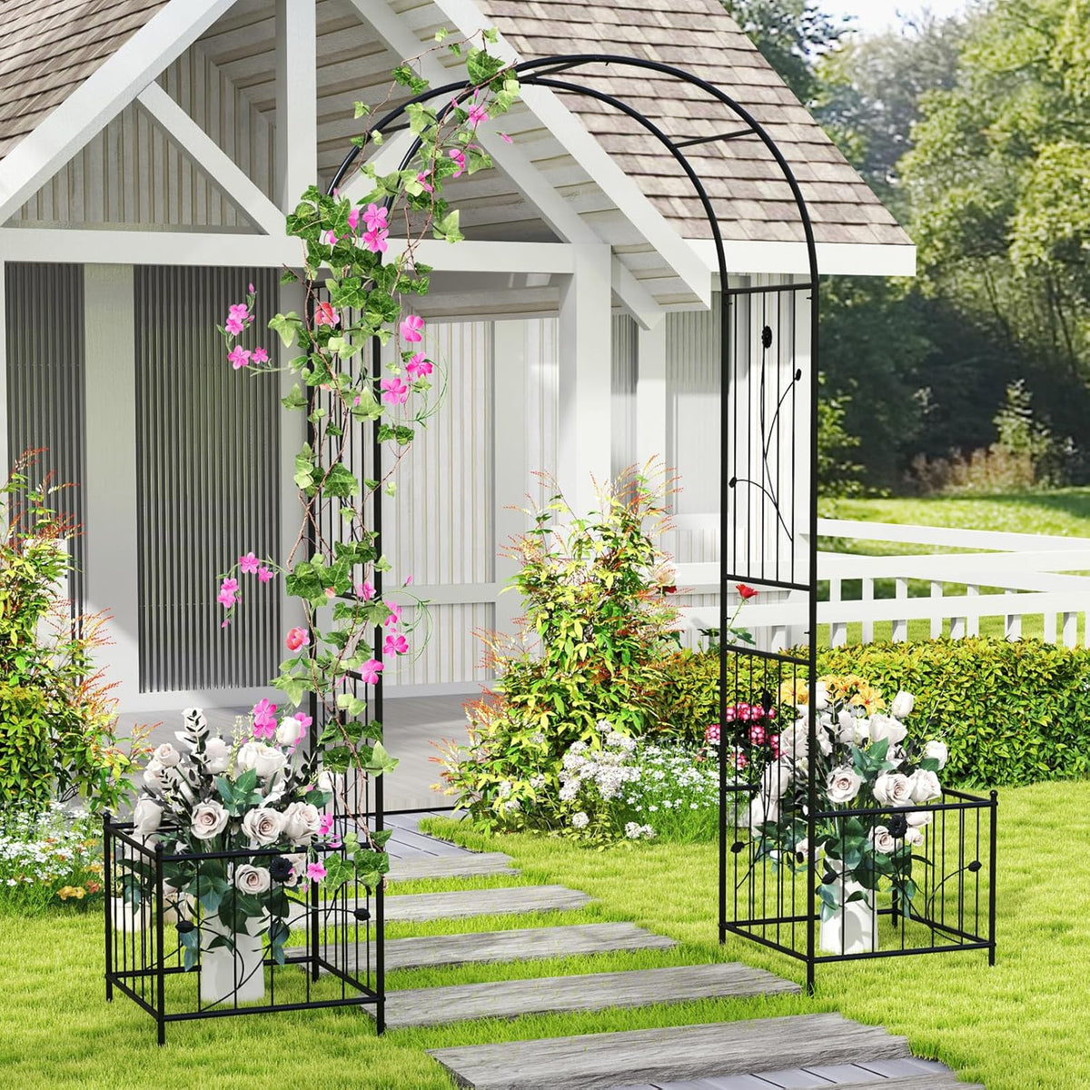 Moccha Garden Arbor with Planters - 86'' Metal Arbor Trellis for Climbing Plants, Ivy, Vines