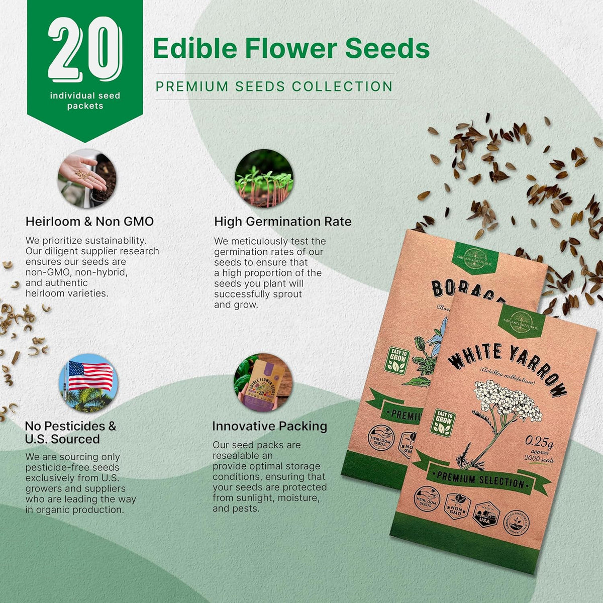 Organo Republic 20 Edible Flower Seeds Variety Pack- Indoor/Outdoor. 7000+ Non-GMO Heirloom: