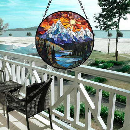 Stained Glass Window Hanging - Colorful Mountain Lake Landscape Sun Catcher for Door Garden Home