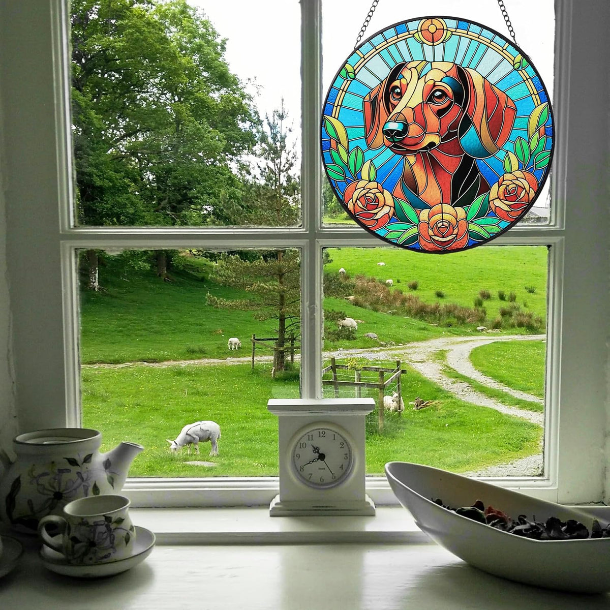 Stained Glass Dog Memorial Suncatcher,Dachshund Window Hanging,Sympathy Gifts for Pet Loss,7.9