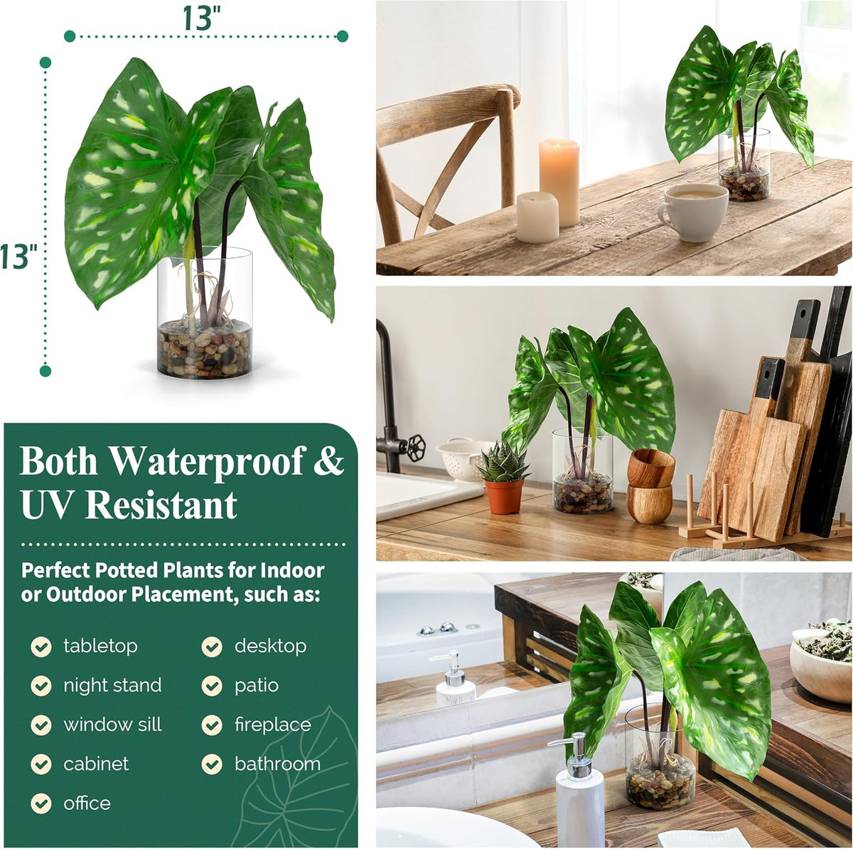 SUNPRAIRIE Tropical Artificial Plant in Clear Pot with Artificial Water, Wide Arrowhead Leaves.