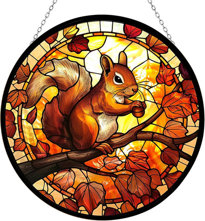 Squirrel Stained Glass Window Hanging 12” Round Handicraft Blue Flower Glass Panel Farmhouse Style
