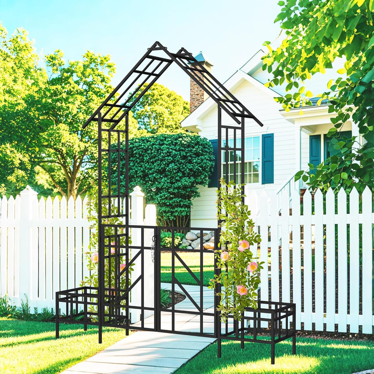 Metal Garden Arbor Arch with Gate and Plant Box, 97“ H Garden Trellis Wedding Arch Party Decoration