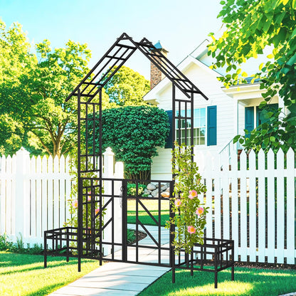 Metal Garden Arbor Arch with Gate and Plant Box, 97“ H Garden Trellis Wedding Arch Party Decoration