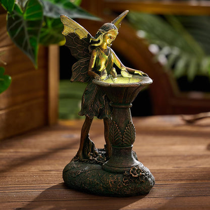 TERESA'S COLLECTIONS Fairy Garden Statues with Solar Outdoor Light for Outdoor Decor, Bronze Fairy