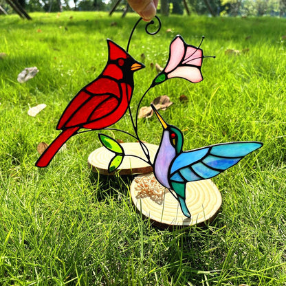 Stained Glass Red Cardinal with Hummingbird Suncatcher Window Hanging Ornament, Stain Glass Birds