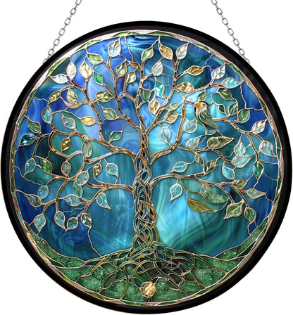 Tree of Life Stained Glass Window Hangings, Handcrafted Stained Glass Suncatchers, Gift for Cat