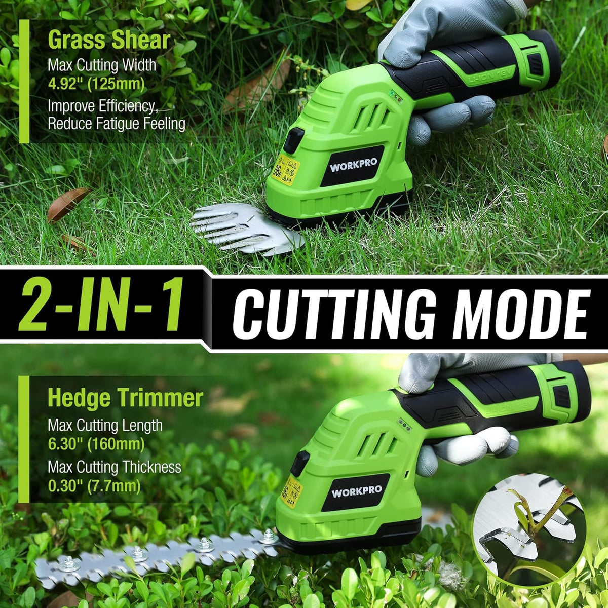 WORKPRO 12V Cordless Grass Shear & Shrubbery Trimmer - 2 in 1 Handheld Hedge Trimmer, Electric