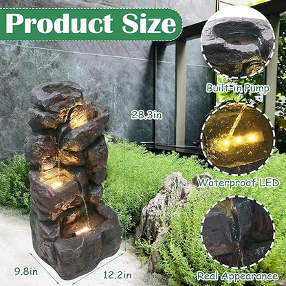 4-Tiers Cascading Rock Outdoor Water Fountain with LED Light, Standing Cascading Water Feature Faux